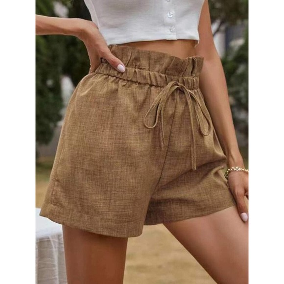 High Waist Linen Shorts - Khaki - Picture 1 of 3